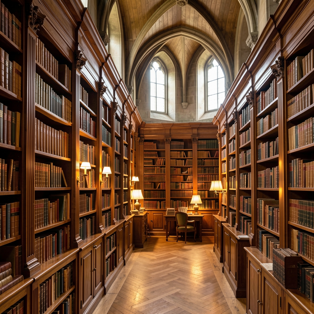 Detailed interior of a classical library with wooden shelves lined with old books, warm lamp light, high ceilings, suggesting scholarly dedication and accumulated knowledge