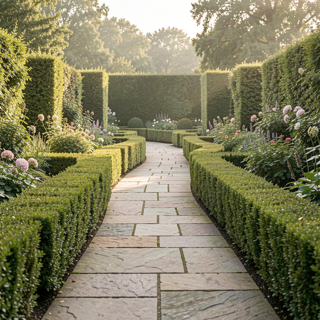 Winding stone path through a carefully maintained formal garden with symmetrical hedgerows, soft morning light, suggesting ordered progression and continuous learning
