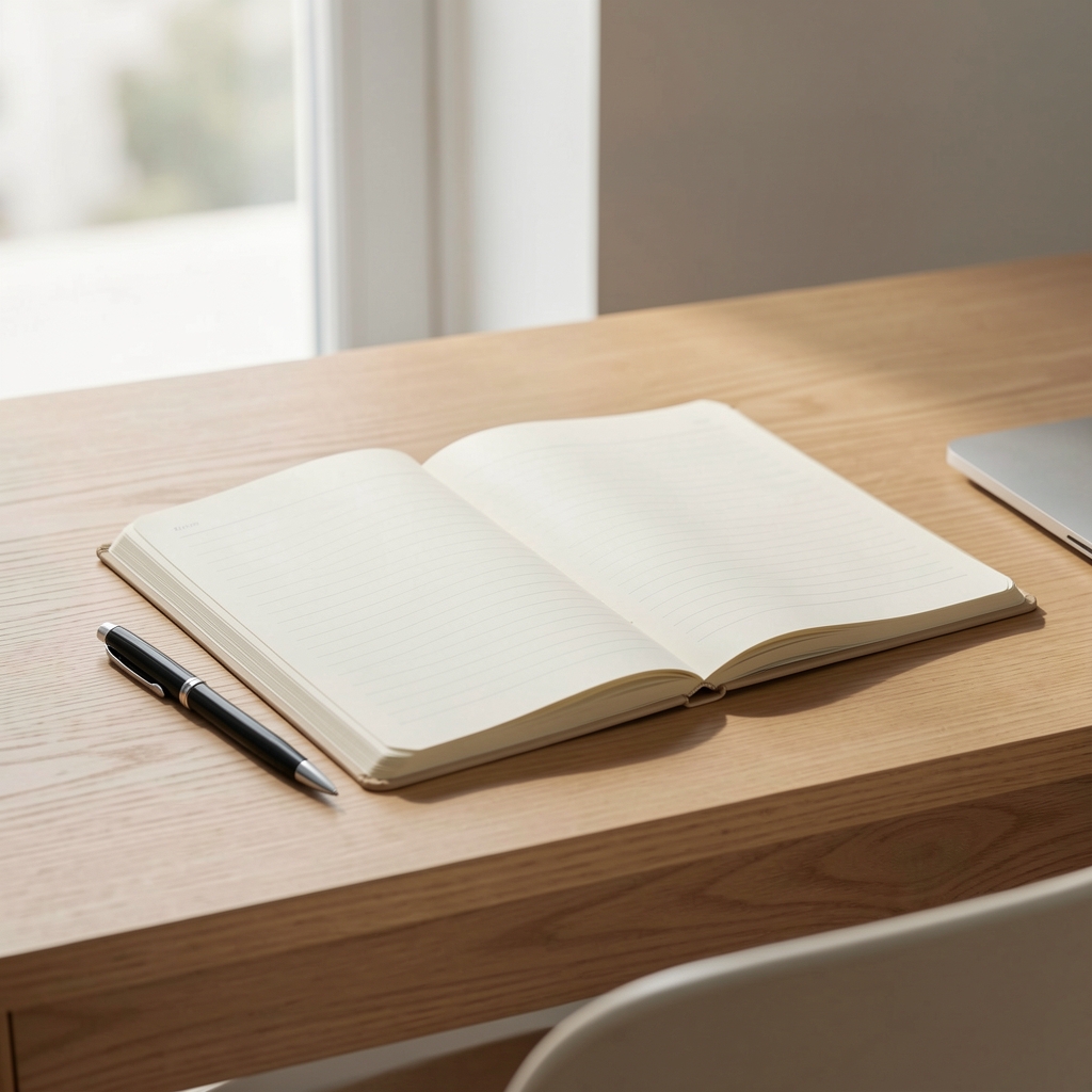 Neatly arranged desk with an open notebook and a pen beside it, soft natural daylight, minimalist wooden surface, implying thoughtful written communication