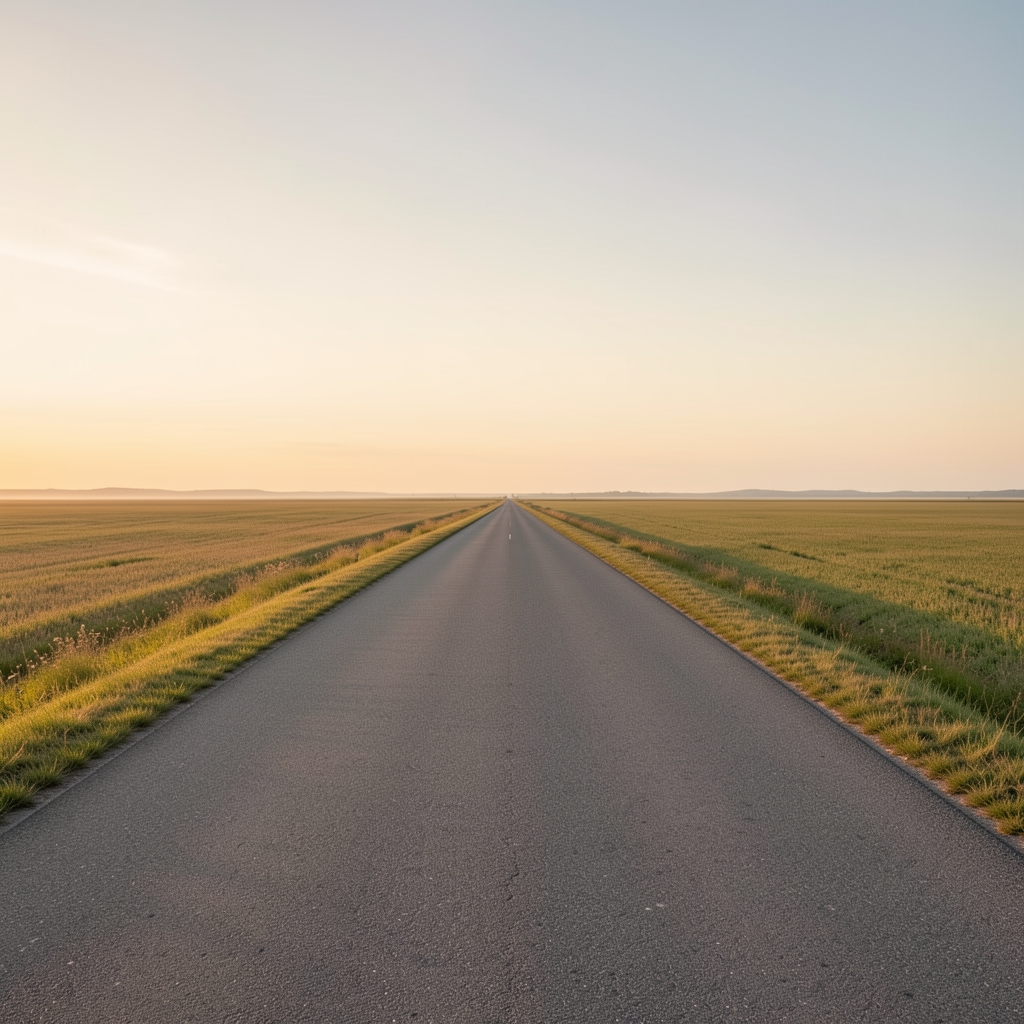 Wide landscape view of a straight path extending toward a distant horizon at dawn, pale golden light, open sky, symbolising continued exploration and calm direction