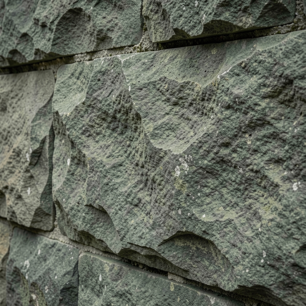 Close-up of ancient stone wall surface with deep natural texture, muted grey-green tones suggesting stability, permanence and natural strength