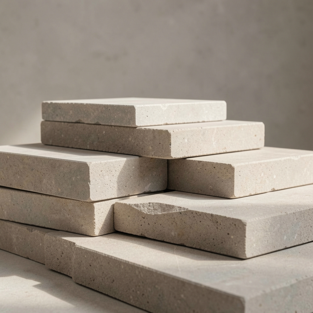 Minimalist composition of stacked stone blocks with clean geometric edges, soft directional light highlighting structural balance and layered order